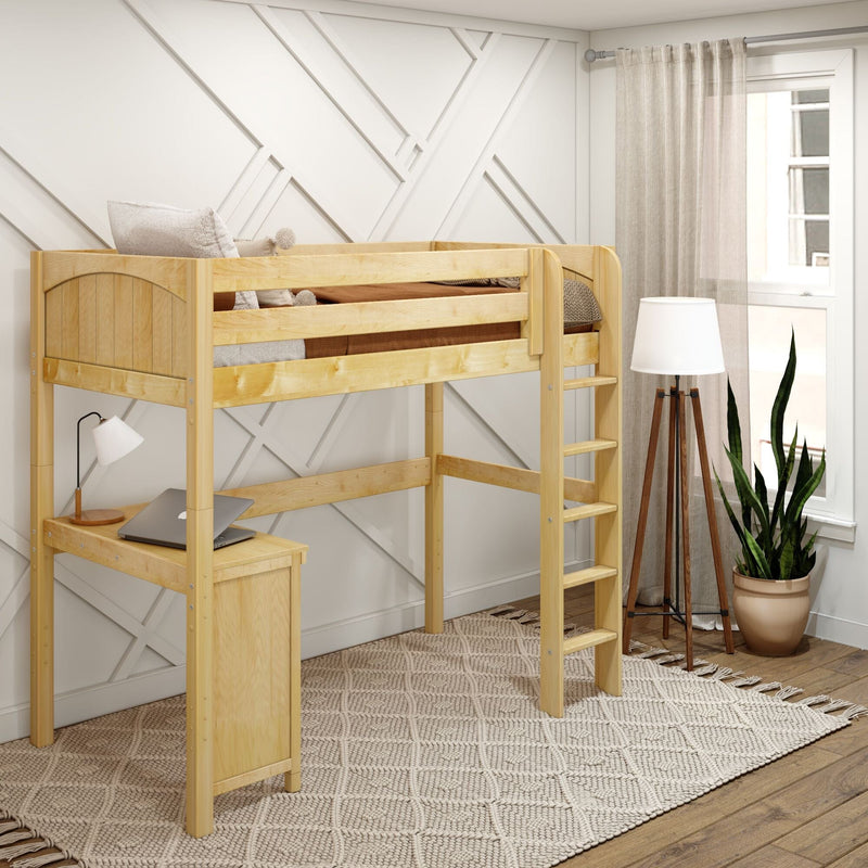 Light wood loft bed with built-in desk and ladder in a neutral kids bedroom featuring geometric wall paneling, beige woven rug, tripod floor lamp, laptop and potted snake plant