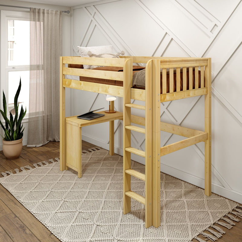 Natural wood loft bed with built-in desk and ladder in a modern neutral bedroom — compact study space with laptop, lamp, textured wall, potted plant and woven rug