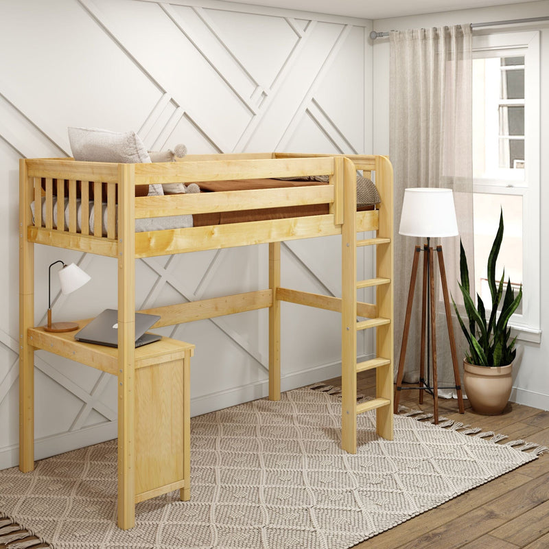 Natural wood loft bed with built-in desk in modern children's bedroom featuring a white geometric accent wall, neutral curtains, textured boho rug, tripod floor lamp and potted plant