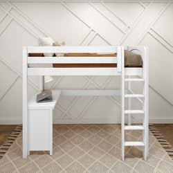 White loft bed with ladder and built-in desk in modern room.