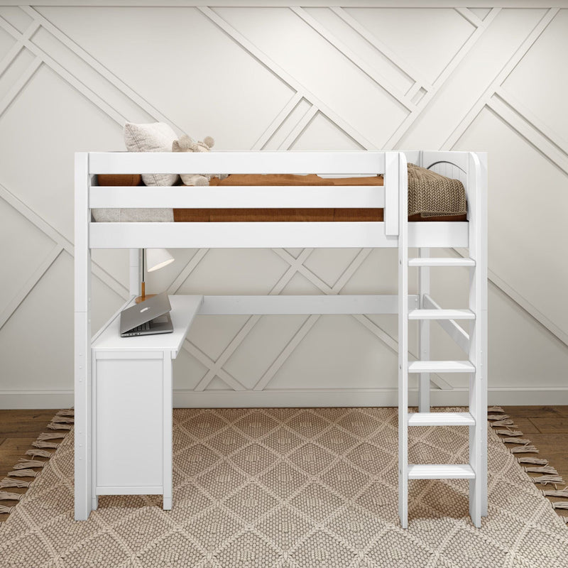 White wooden loft bed with built-in desk and ladder, tan bedding and knit throw, geometric wall paneling and woven jute rug in a modern neutral kids' bedroom