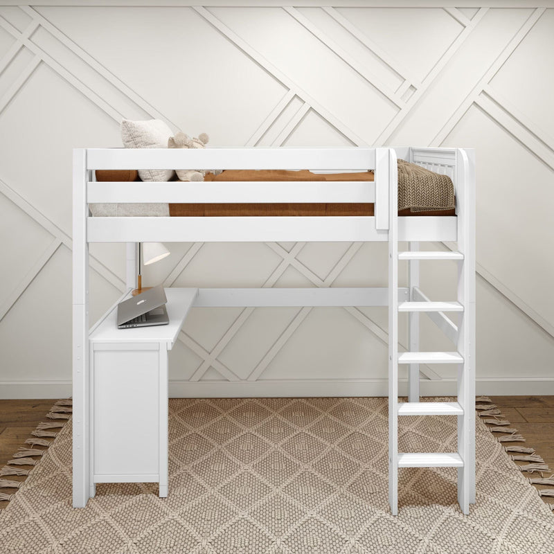White loft bed with built-in desk and ladder in modern neutral kids bedroom, beige bedding, knit throw, textured wall panels and woven rug