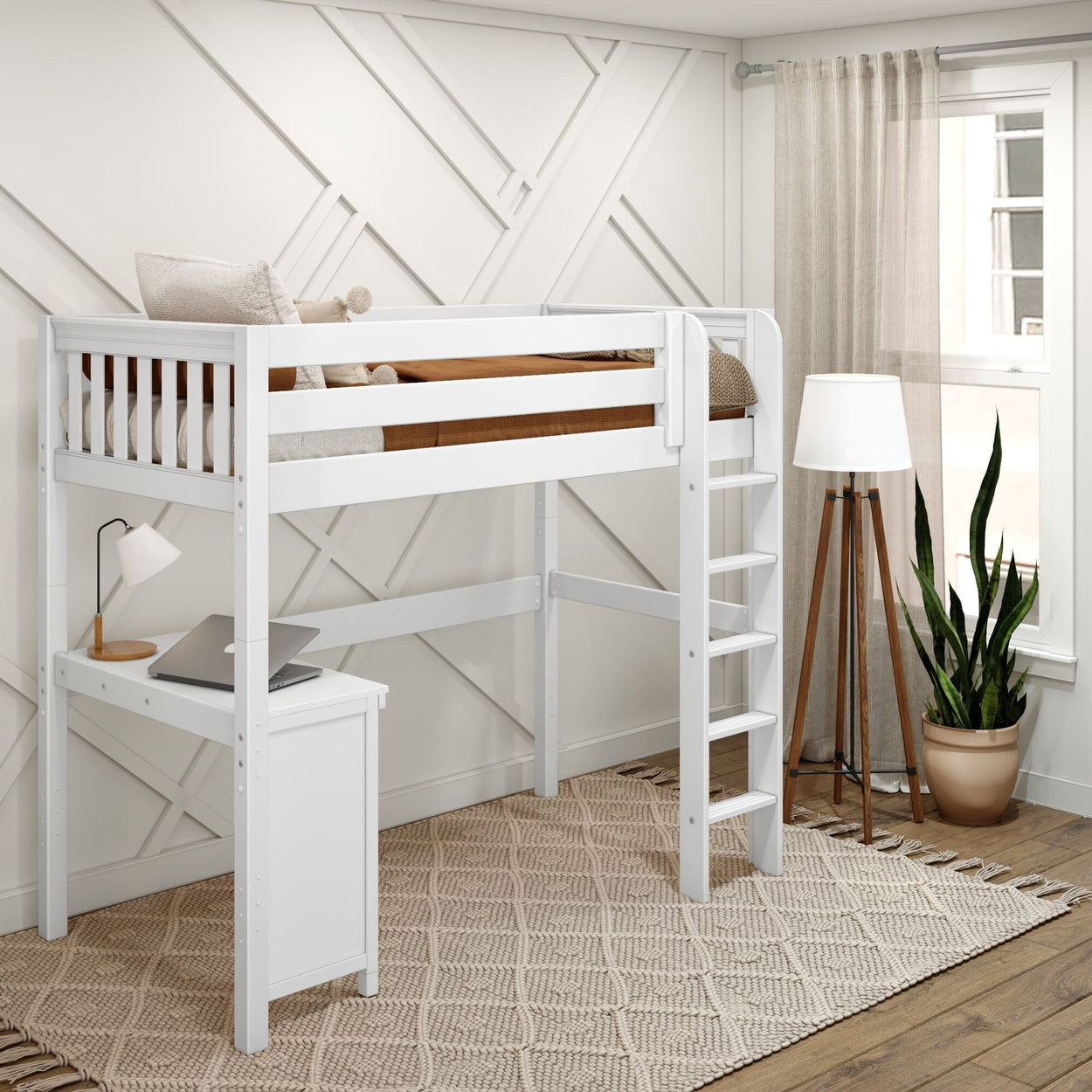 White loft bed with ladder and built-in desk in a modern bedroom with natural decor and ample light.