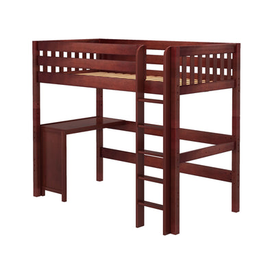 Wooden loft bed with ladder and integrated desk, perfect for space-saving solutions in small rooms.