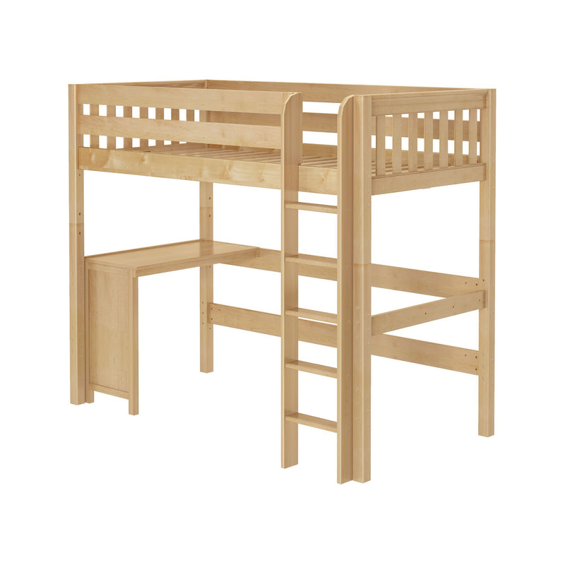 Natural maple-finish loft bed with built-in ladder, slatted guardrails and space-saving under-bed storage shelf and desk area