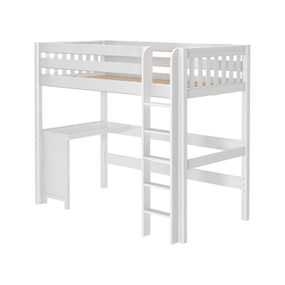 White wooden loft bed with integrated desk and ladder for space-saving bedroom design.