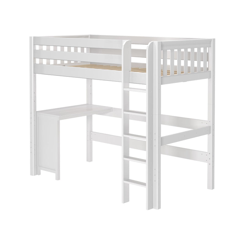 White wooden loft bed with safety guardrails, built-in ladder, slatted mattress support and under-desk storage