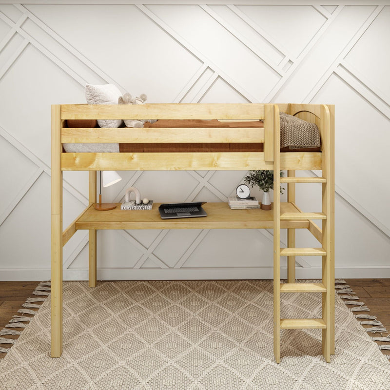 Natural wood loft bed with built-in desk and ladder in minimalist kids' bedroom, neutral bedding, textured rug and geometric white accent wall.