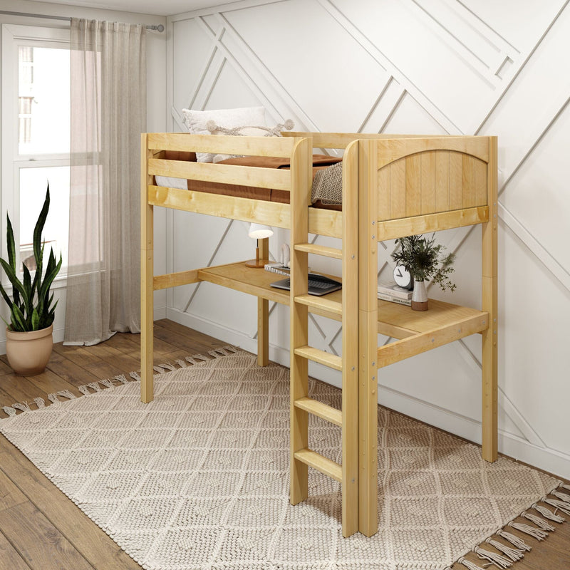 Natural wood loft bed with built-in desk and ladder in a bright modern kids bedroom with geometric white accent wall, textured rug and potted plant
