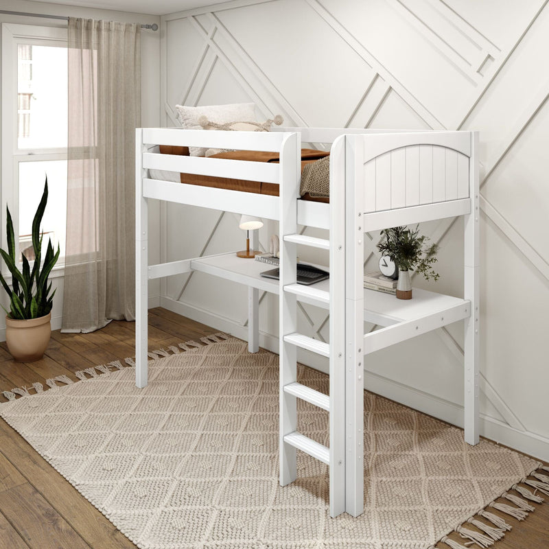 White wooden loft bed with built-in desk and ladder in a modern neutral kids' bedroom with geometric accent wall, woven rug, potted plant and sheer curtains