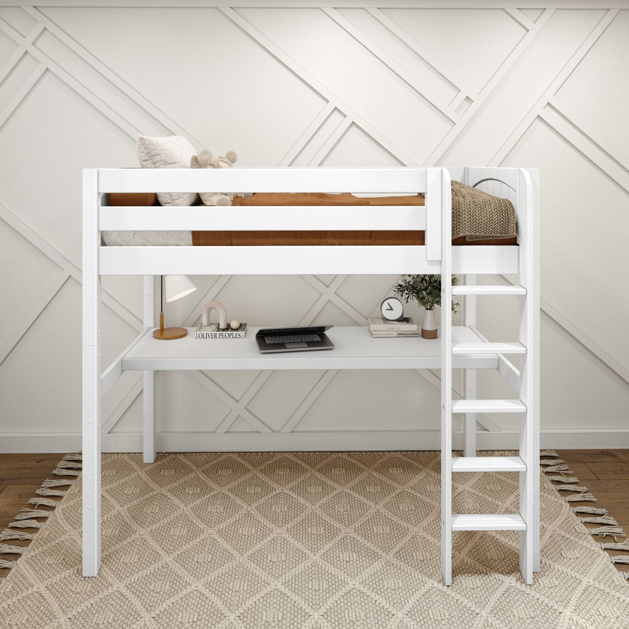 White loft bed with integrated desk space underneath, featuring a cozy rug and modern decor, ideal for maximizing small bedroom spaces.