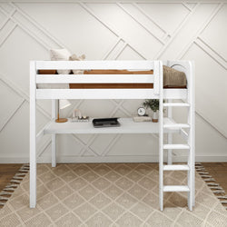 White loft bed with integrated desk space underneath, featuring a cozy rug and modern decor, ideal for maximizing small bedroom spaces.