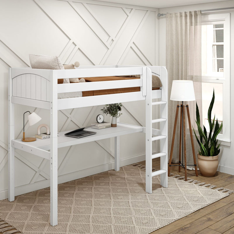 Space-saving white loft bed with built-in desk and ladder in a modern neutral kids' bedroom with geometric wall paneling, tripod floor lamp and potted plant