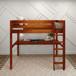 Loft bed with ladder and integrated desk in a modern white room.