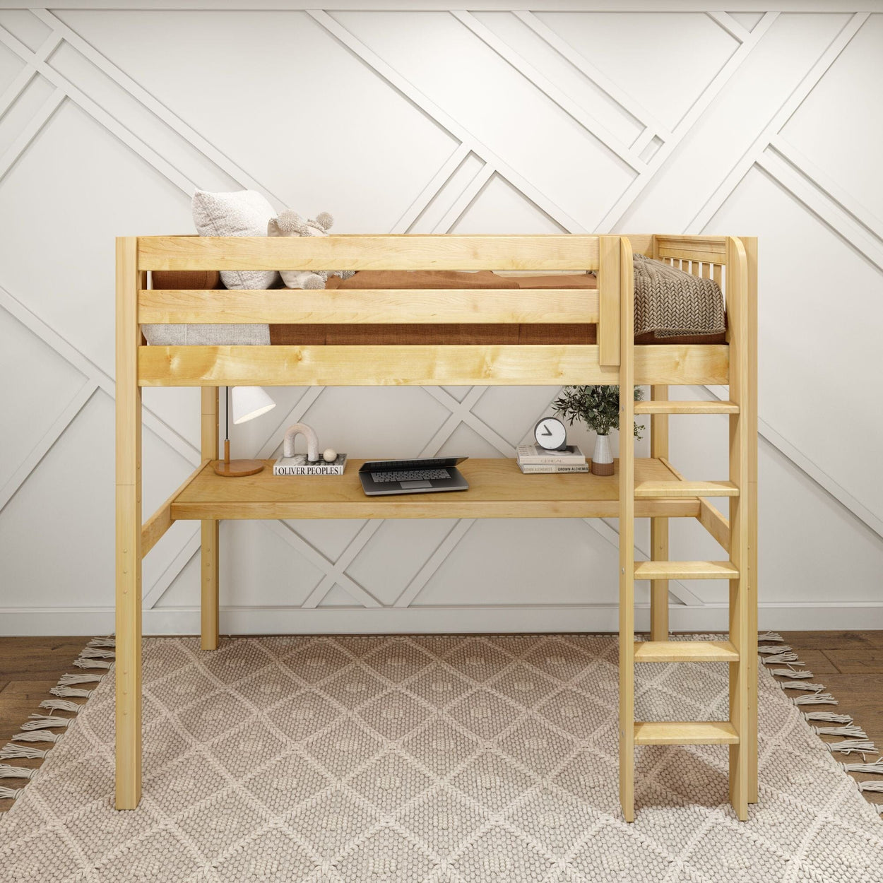 Loft bed with desk underneath in modern bedroom setup.