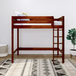 Wooden loft bed with ladder and modern decor in a minimalist bedroom setting.