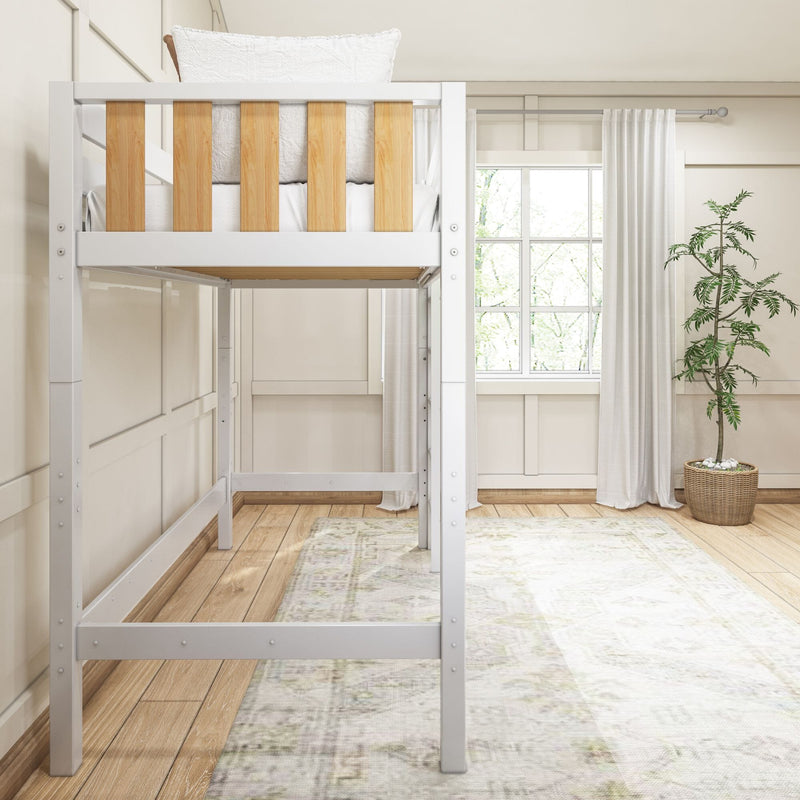 White loft bed with natural wood slats in a bright modern bedroom with large window, white curtains, hardwood floor and potted plant
