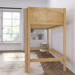Wooden loft bed frame in a bright minimalist bedroom setting with natural light from a large window.