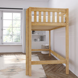 Wooden loft bed frame in a bright, modern bedroom with natural light and cozy decor.
