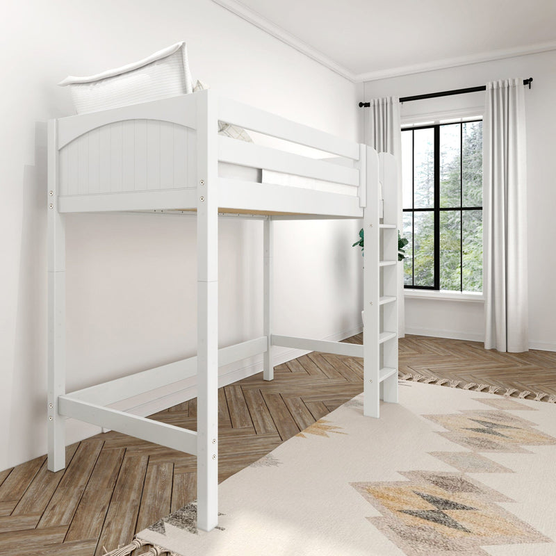 White wooden loft bed with built-in ladder in a bright modern bedroom, white bedding and curtains, black-framed window and herringbone wood floor