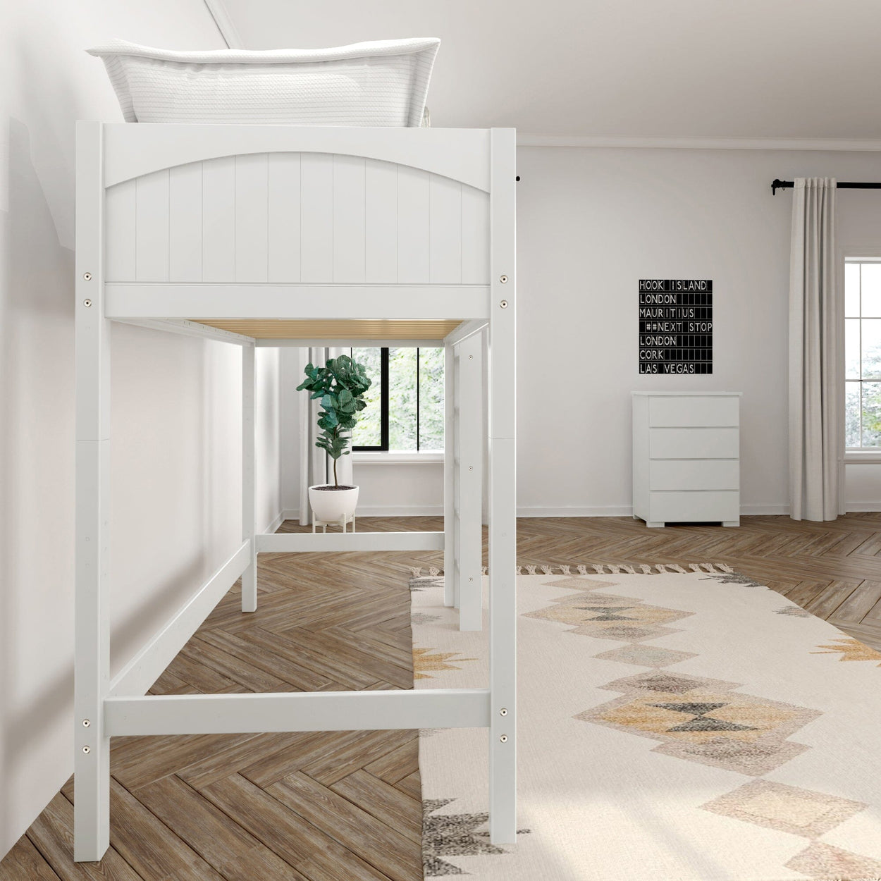 White loft bed in modern bedroom with natural light and wood flooring.