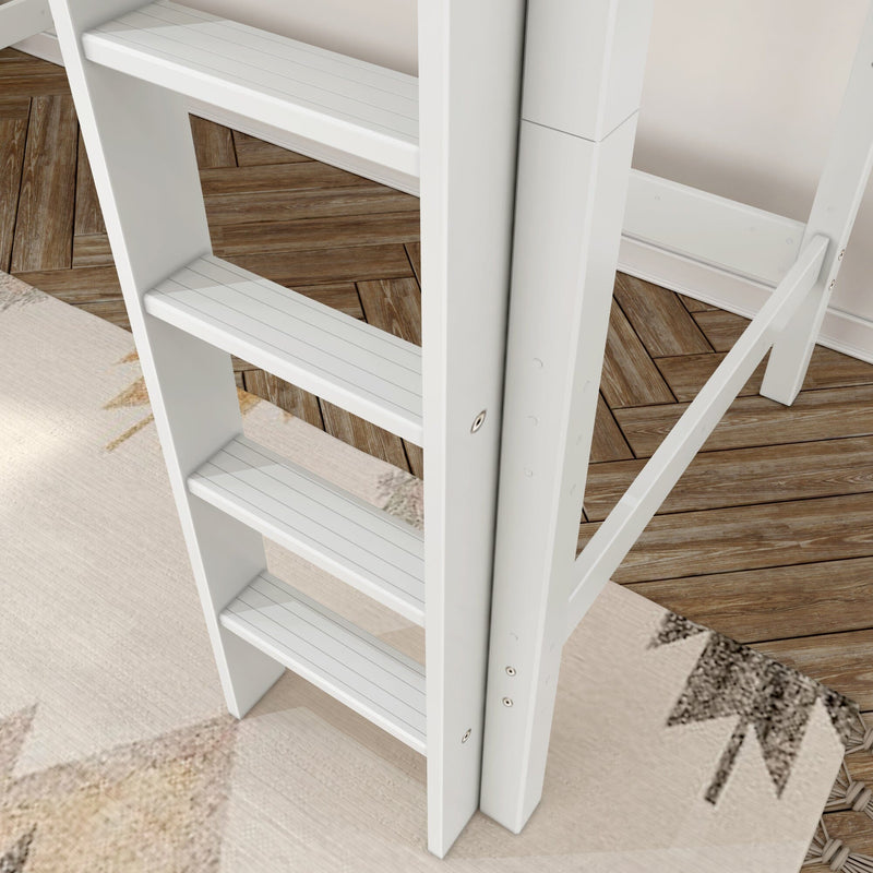 White leaning ladder shelf with slatted wooden shelves on herringbone wood floor in a modern farmhouse living room