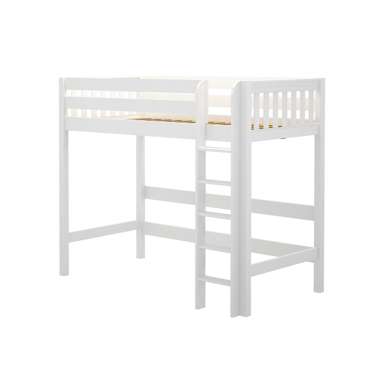 White wooden loft bed with ladder for kids' room.