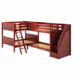 L-shaped wooden triple bunk bed with ladder and stairs for kids room organization and maximizing space.