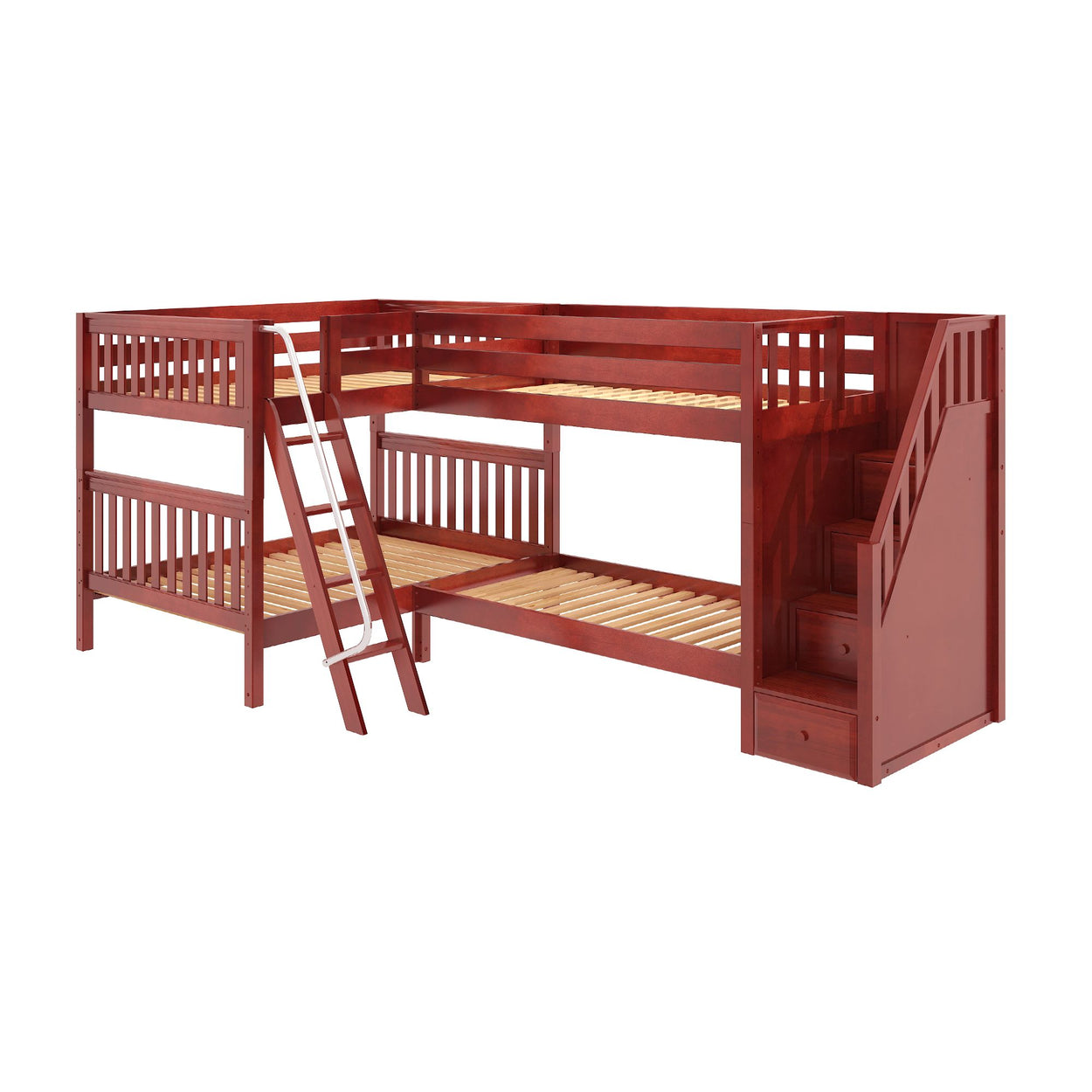 Red wooden bunk bed with stairs and ladder, space-saving kids' bedroom furniture.