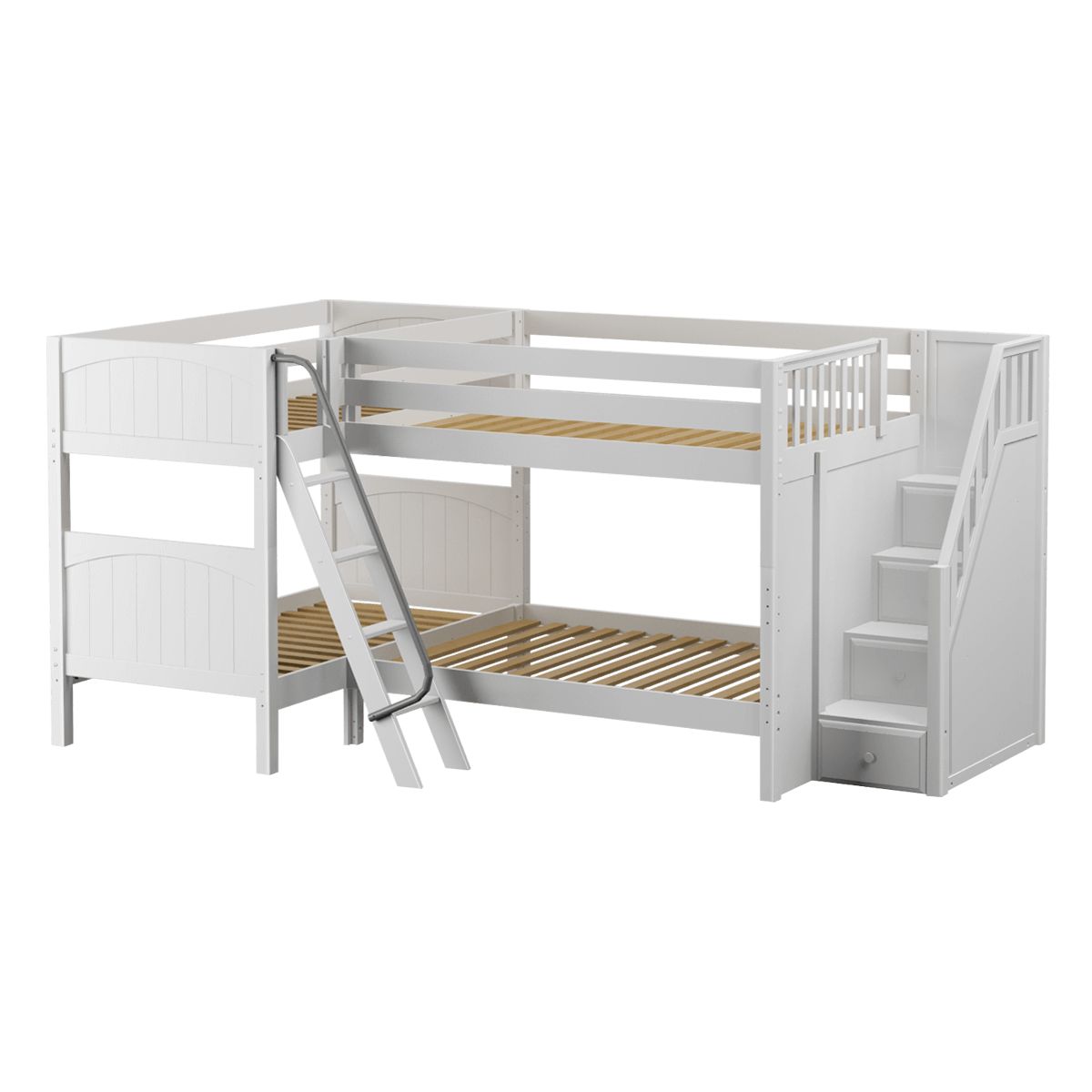 White L-shaped bunk bed with ladder and stairs for kids' room.