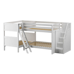 White L-shaped bunk bed with ladder and stairs for kids' room.