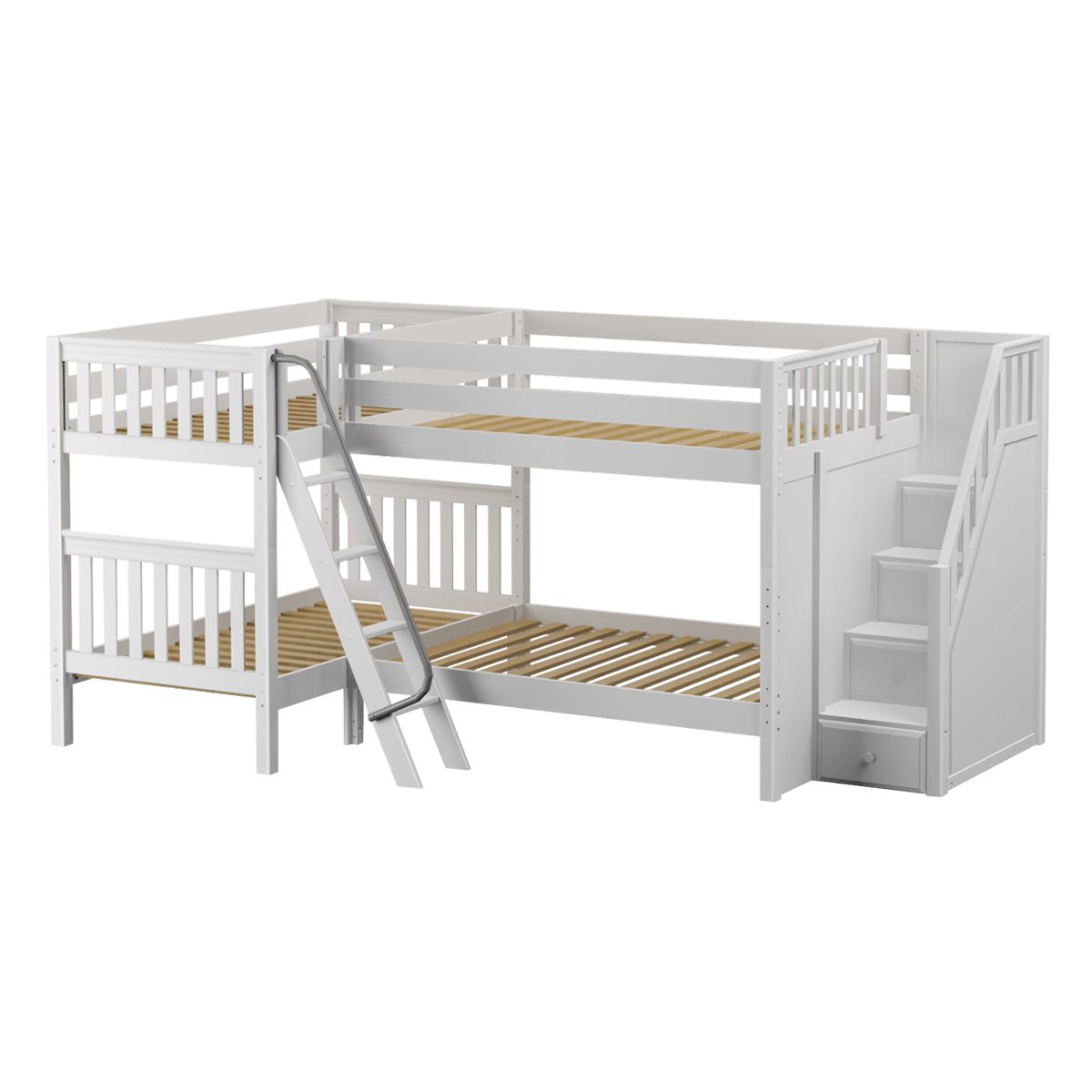 White wooden L-shaped bunk bed with ladder and stairs for children’s room.