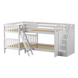 White wooden L-shaped bunk bed with ladder and stairs for children’s room.