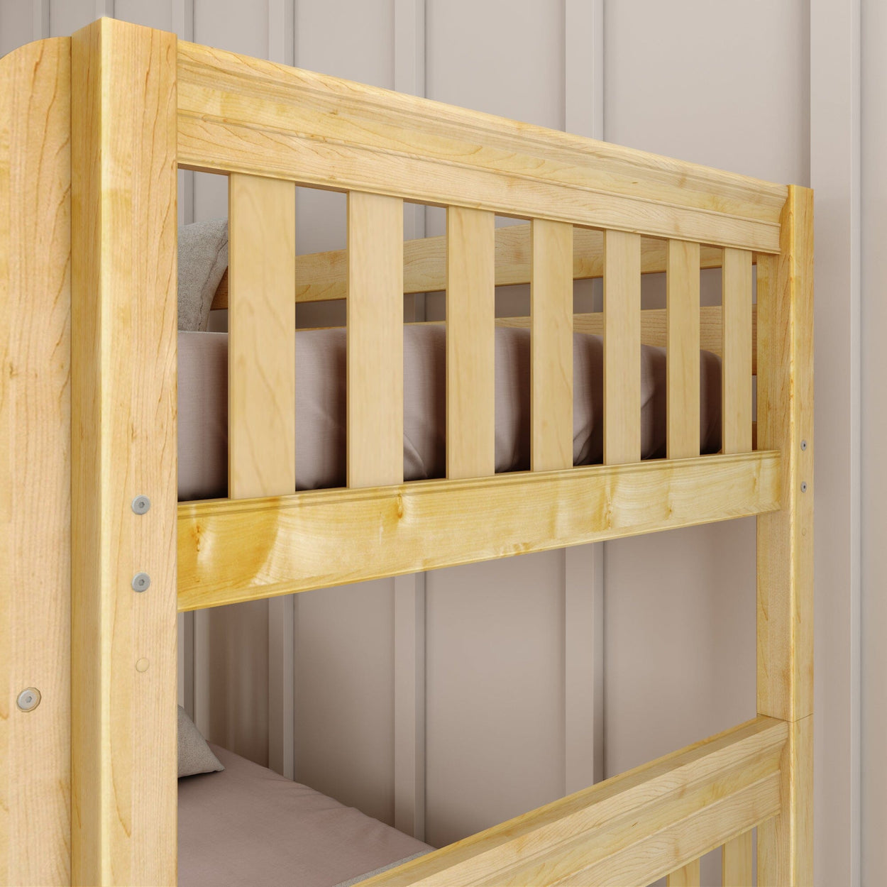 Wooden bunk bed with top and bottom beds, showcasing sturdy frame design in a cozy bedroom setting.