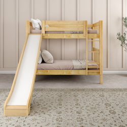 Wooden bunk bed with slide in modern bedroom setting.