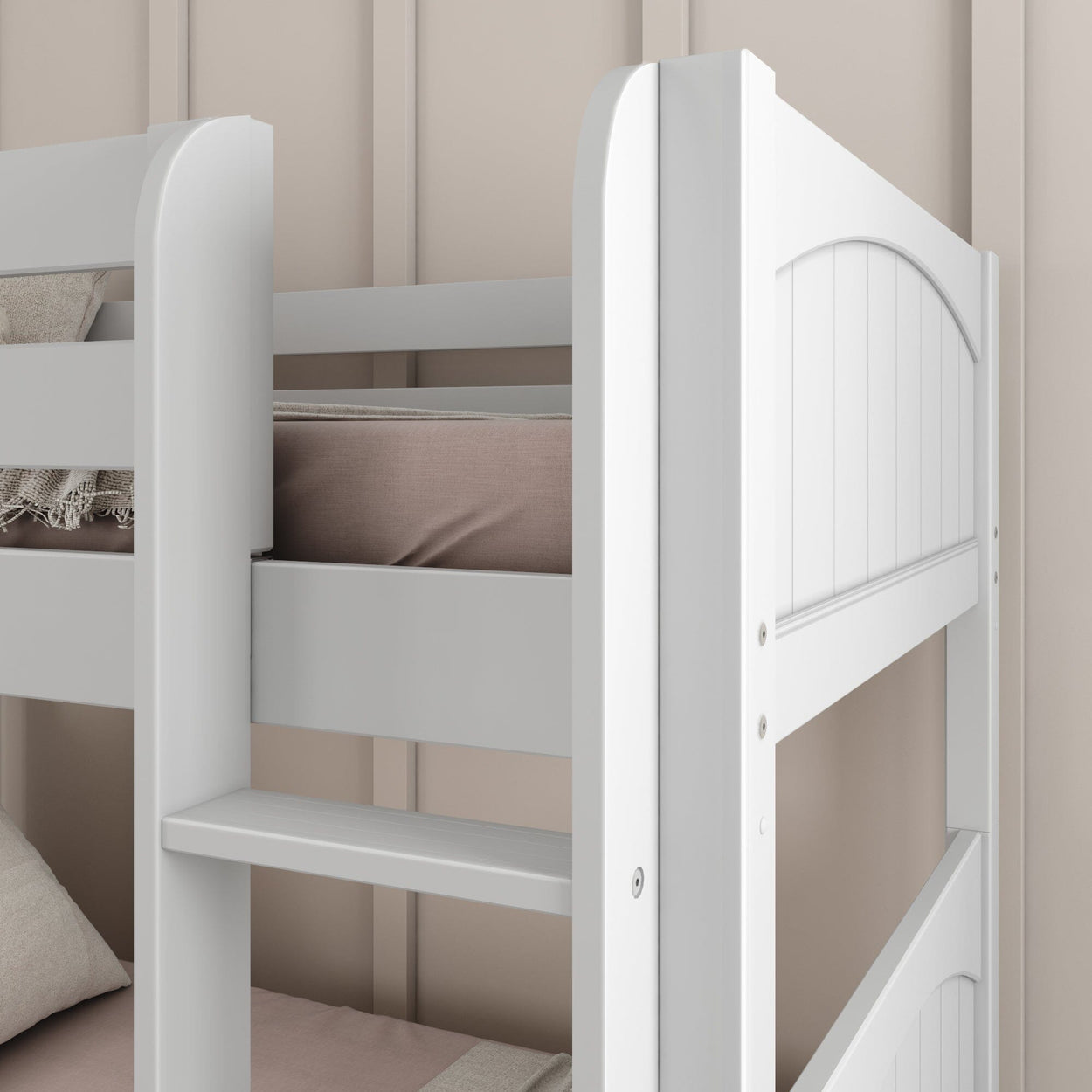White wooden bunk bed with neutral bedding in a modern bedroom setting.