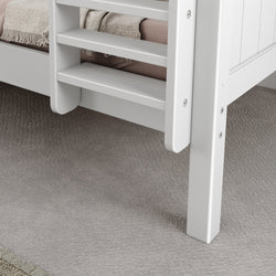 White wooden bunk bed ladder detail on a carpeted bedroom floor.