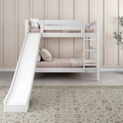 White bunk bed with slide in a modern bedroom with beige walls and a patterned carpet.