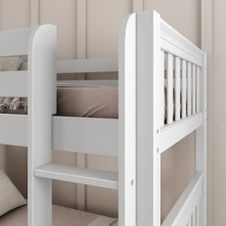 White wooden bunk bed with beige bedding in a modern bedroom.