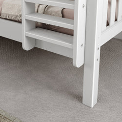 White wooden bunk bed ladder with beige blanket on a grey carpet floor.