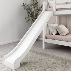 White bunk bed with slide in modern children's bedroom.