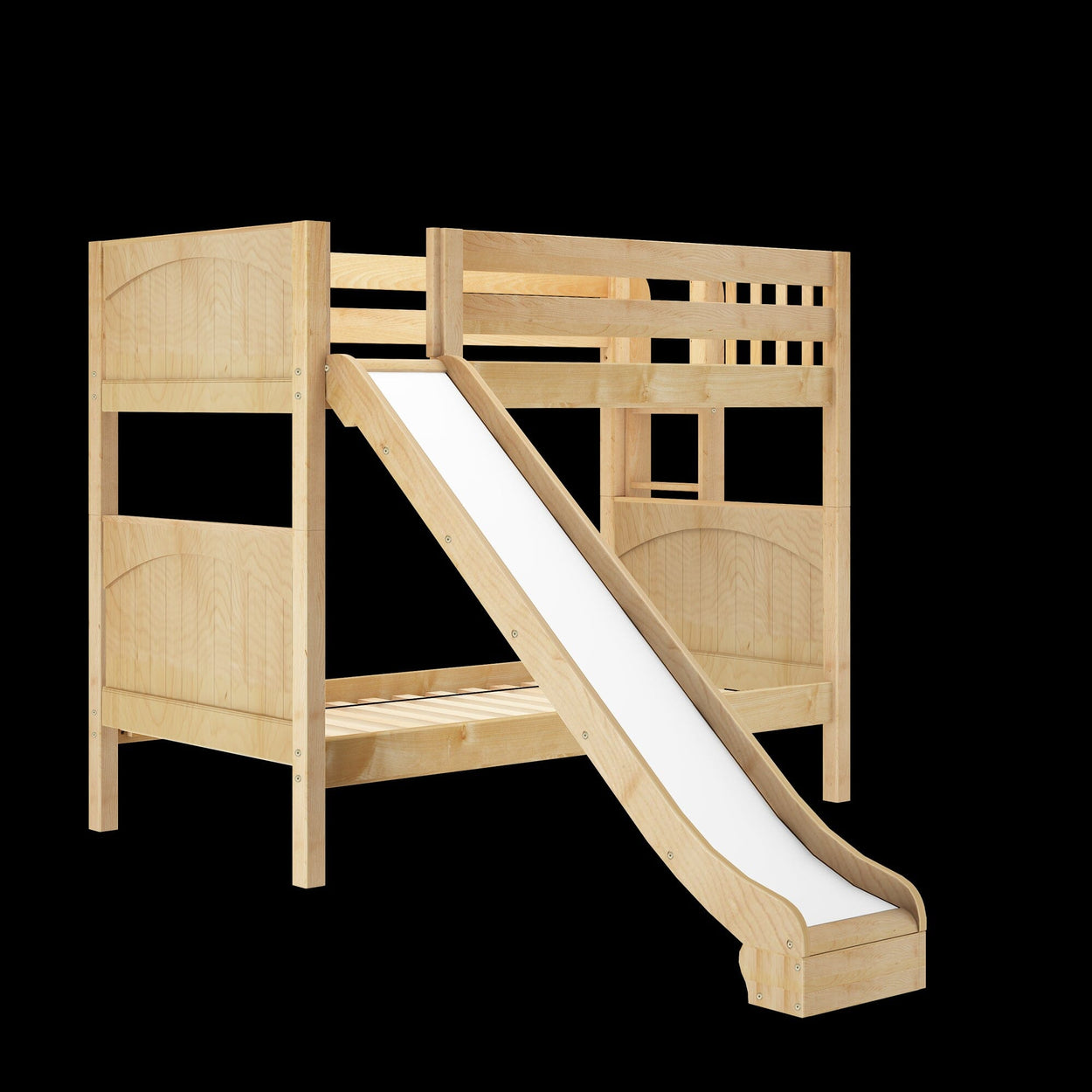 Wooden loft bed with slide for kids, perfect for small bedrooms.