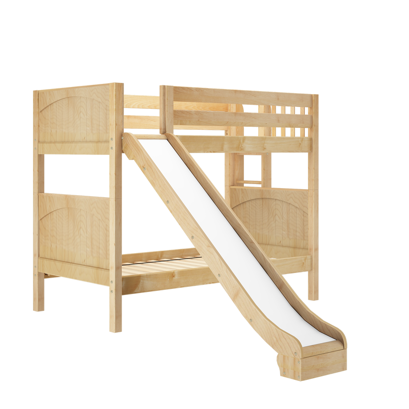 Solid natural pine kids loft bed with white slide, built-in ladder and safety rails for children's bedroom and playroom