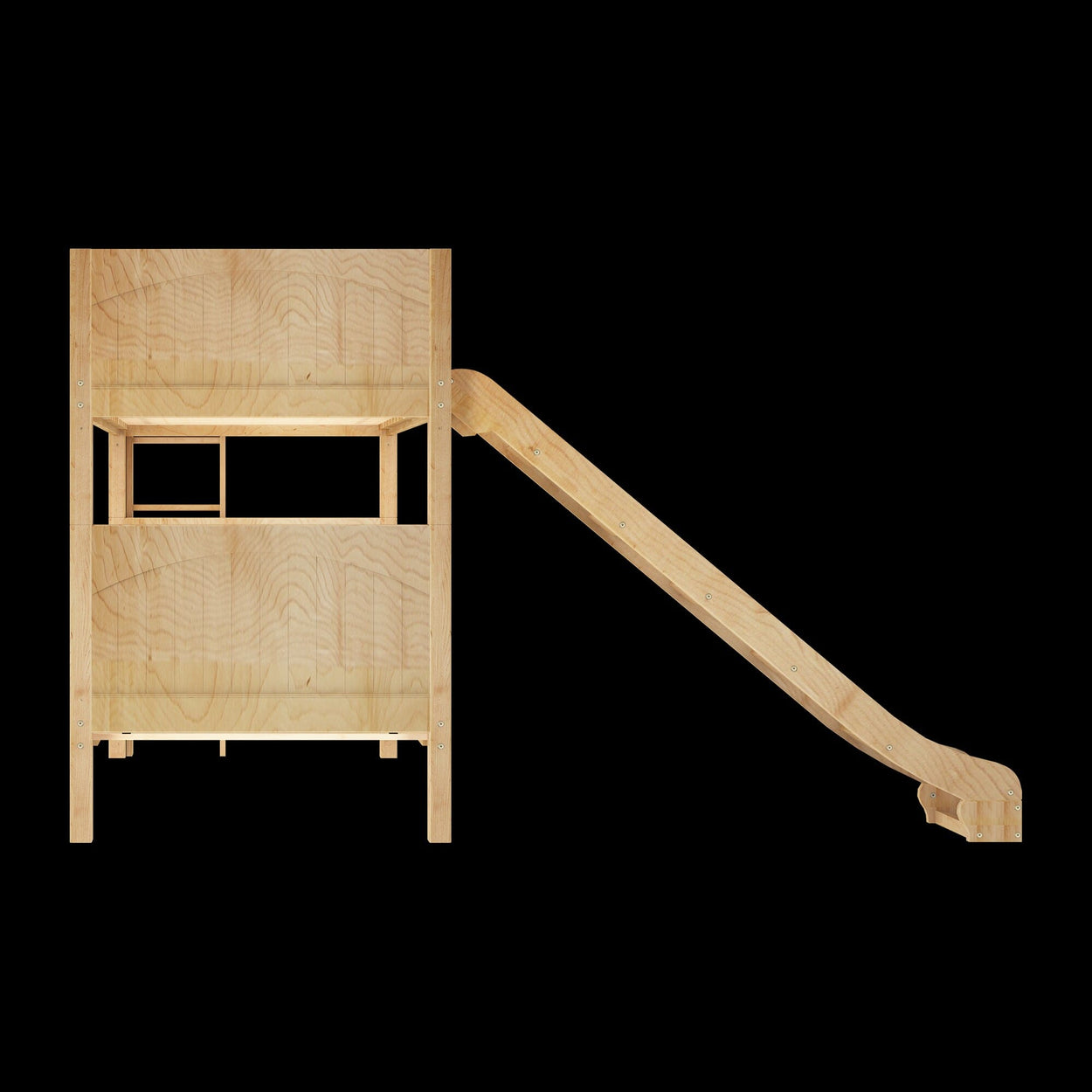 Wooden indoor play loft with slide for children.