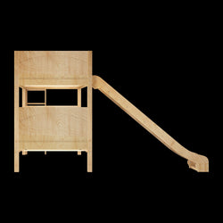 Wooden indoor play loft with slide for children.