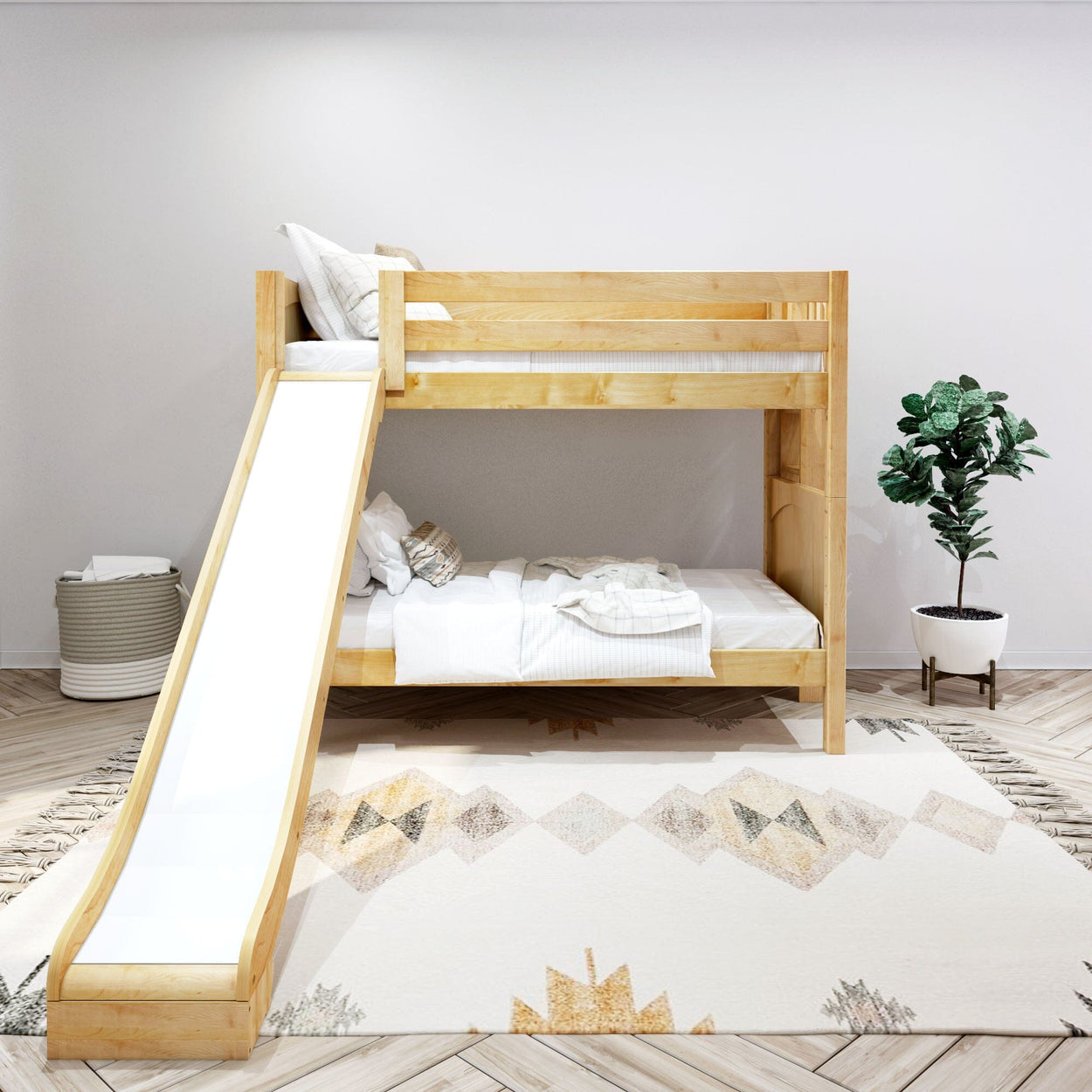 Wooden bunk bed with slide, cozy minimalist bedroom décor with geometric rug and potted plant.