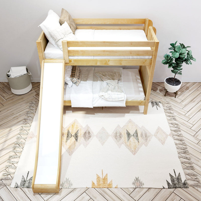 Light wood kids bunk bed with slide, white bedding and pillows in modern Scandinavian children's bedroom with rug and potted plant