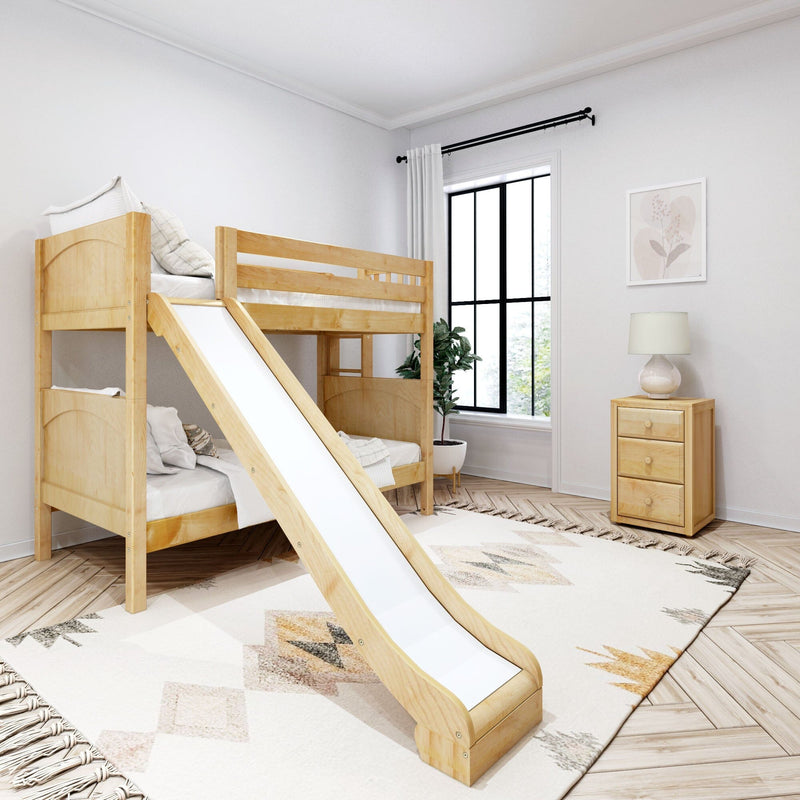 Light-filled kids bedroom with natural wood bunk bed and slide, neutral modern boho decor, geometric rug, bedside lamp and potted plant