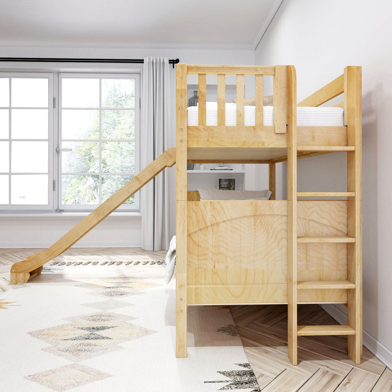 Natural wood loft bunk bed with slide and ladder in bright modern kids' bedroom with large window and neutral decor.