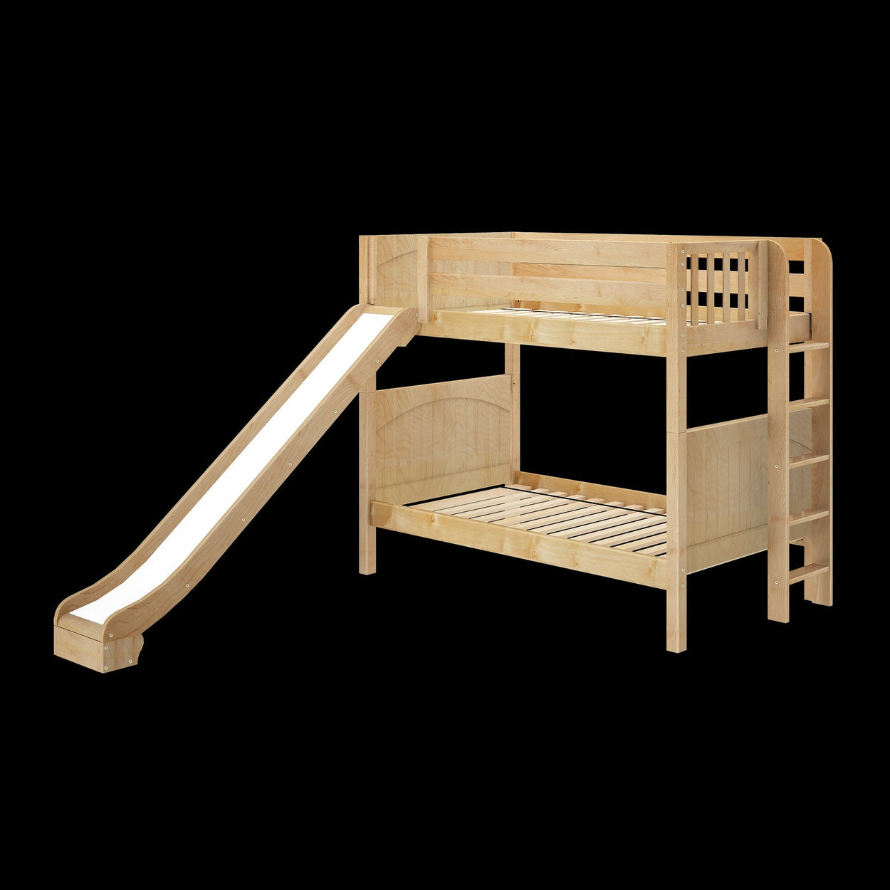 Wooden bunk bed with slide and ladder for kids' room furniture.